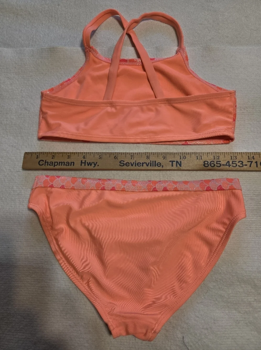 Girls' Neon Coral Mermaid Swimsuit Set with Skirt. Sz 10-12